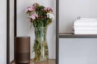 Moderne Lautsprecherbox auf einem Regal zwischen Büchern und einer Blumenvase in minimalistischer Wohnzimmereinrichtung