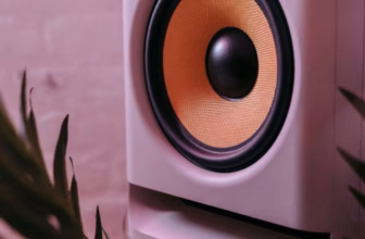 Nahaufnahme eines stilvollen Subwoofers in einem Wohnzimmer mit Pflanzen